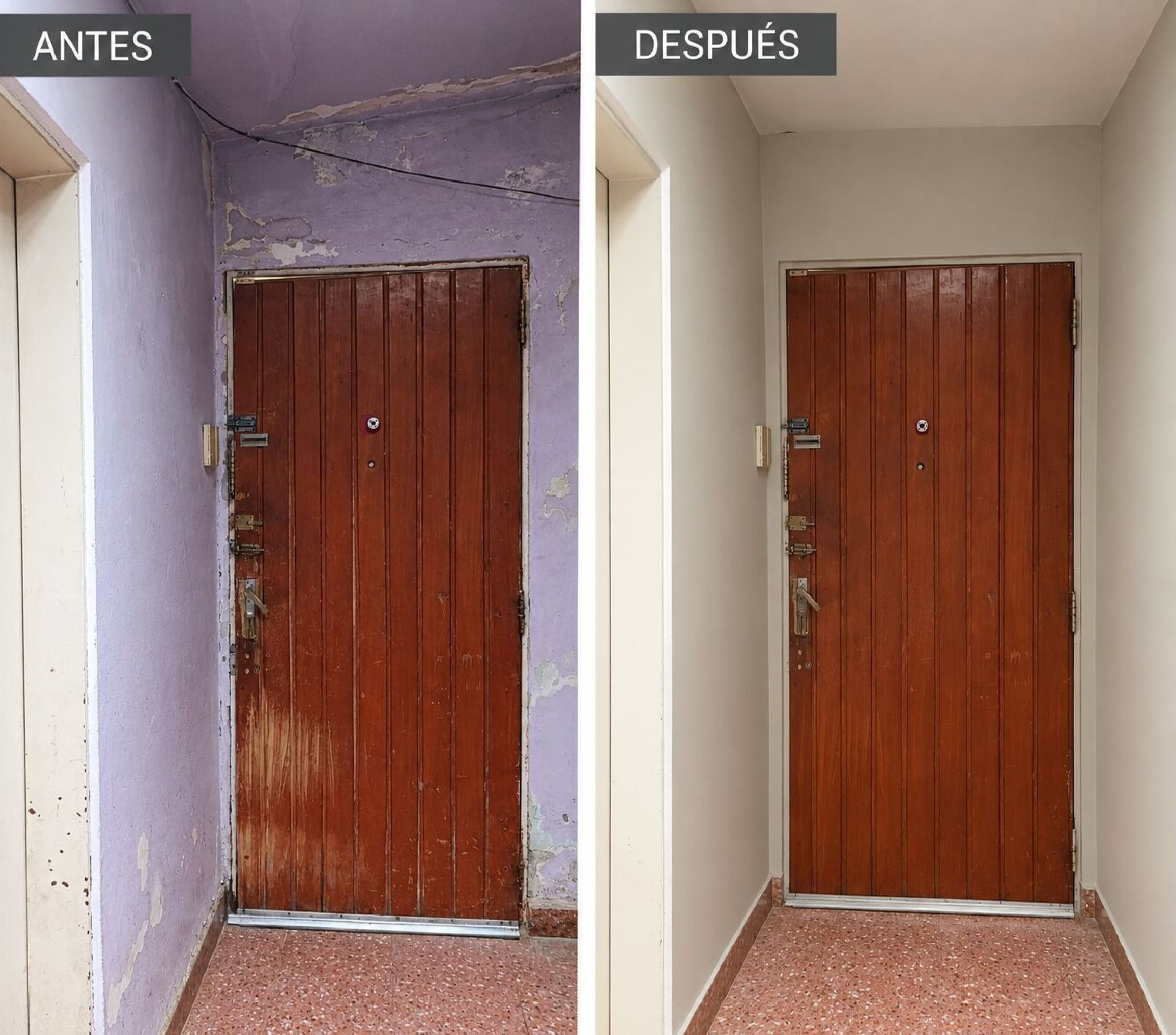 Antes y Después - Pared de acceso y marco de puerta